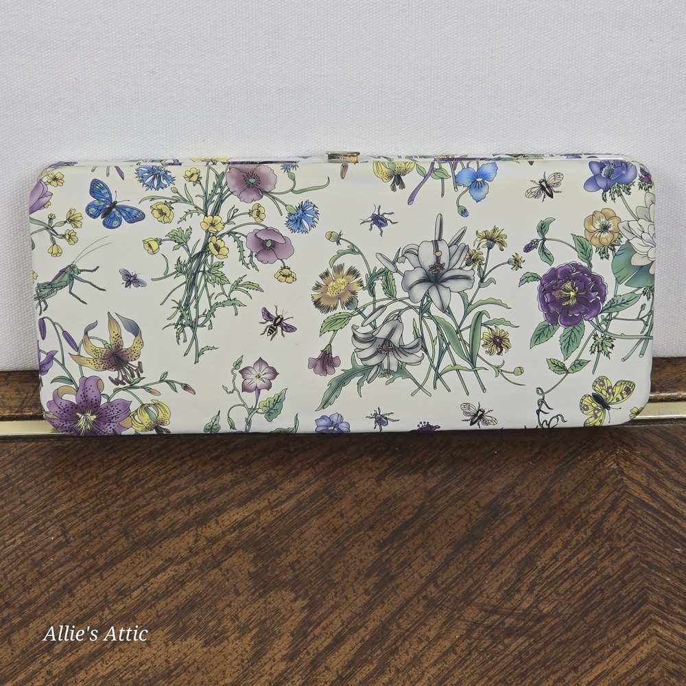 Vintage Rolfs Clutch Purse Hard Case Wallet Snap Floral Flowers Bee White Purple
